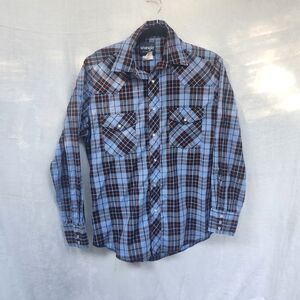 Wrangler Mens Medium Plaid Westwrn Cut Pearl Snap Long Sleeve Rodeo Shirt
